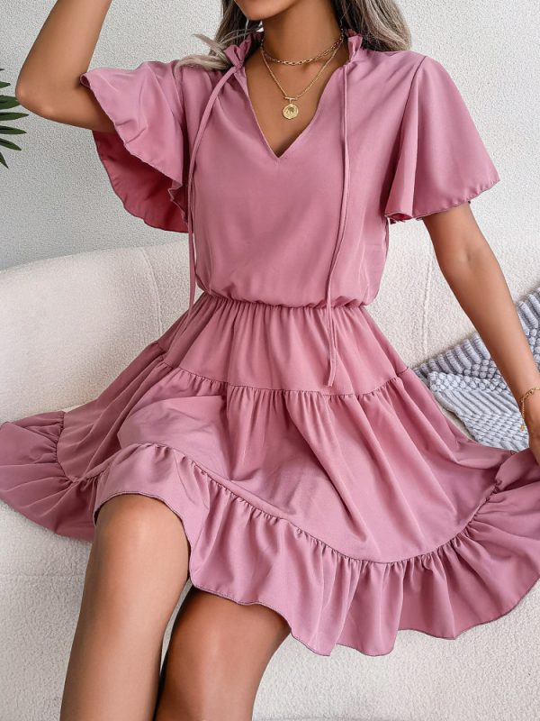 Spring Summer Flounced  Ribbon Big Hem A-line  Solid Color Dress - Dresses - Uniqistic.com