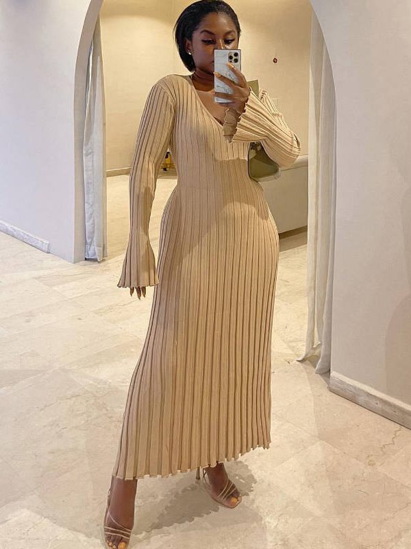 Autumn Knitted Casual Waist Tight V Neck Big Pit Stripe Slimming Knitted Maxi Dress in Dresses