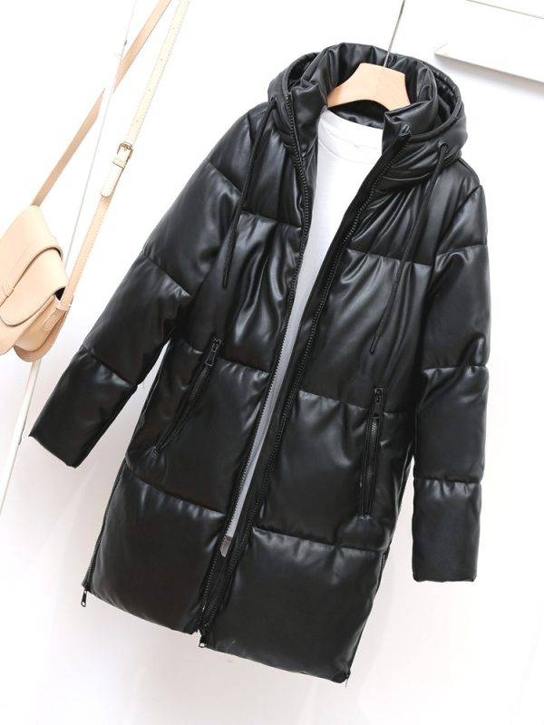 Hooded Faux Leather Mid-Length Thermal Cotton Coat - Coats & Jackets - Uniqistic.com