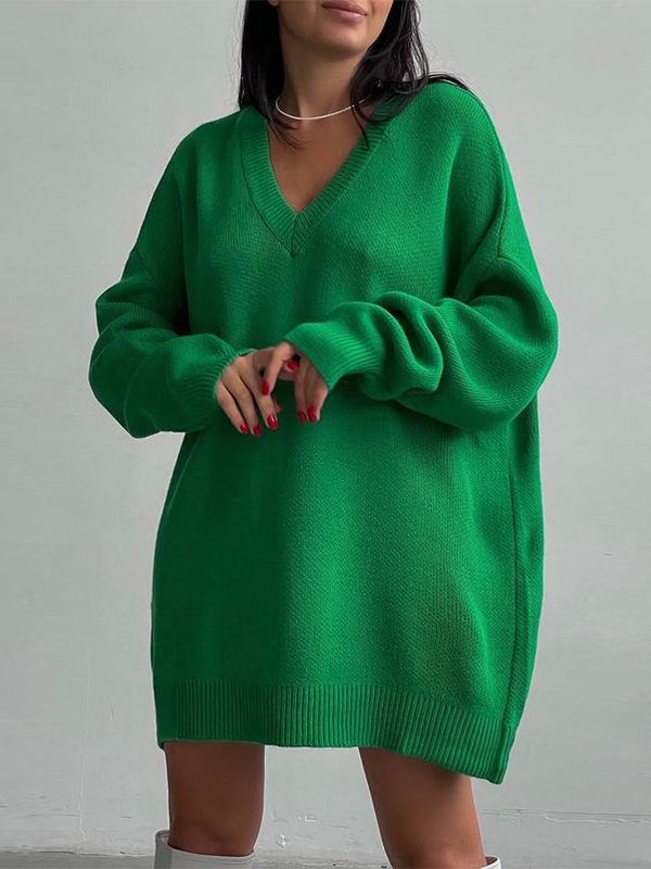Autumn Winter Long Sleeve V Neck Casual Loose Knitted Pullover Long Sweater Dress - Dresses - Uniqistic.com