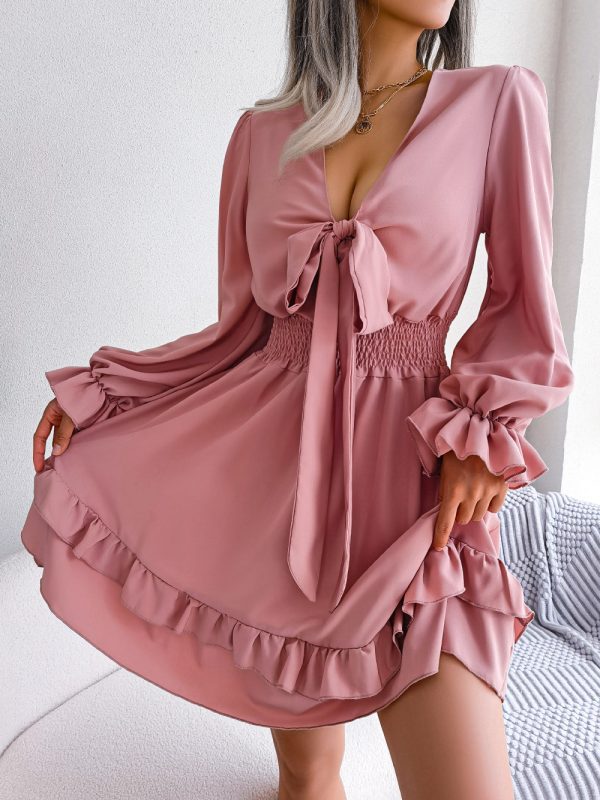 Spring Summer Casual Lace up Waist Tight Wooden Ear Swing Dress - Dresses - Uniqistic.com