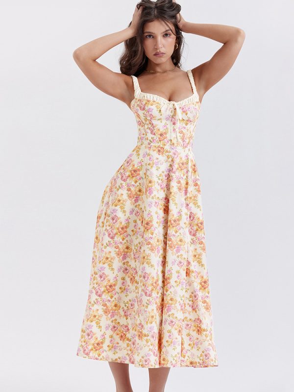 Summer Floral Slip Sexy Backless Slit Mid Length Vacation Dress in Dresses