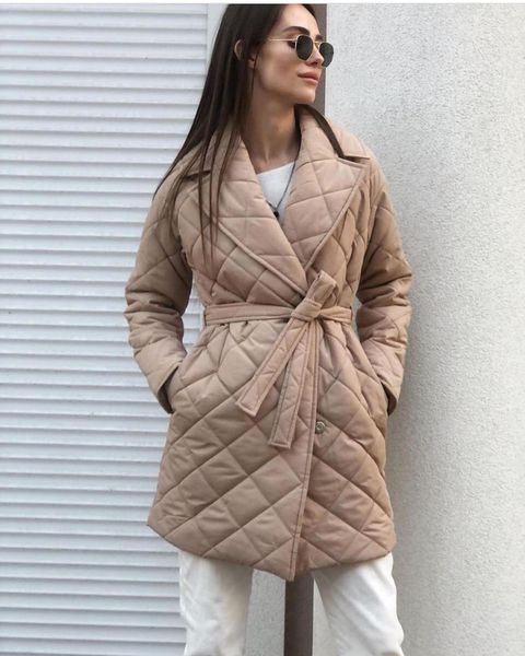 Rhombus Cotton Padded Mid-Length Collared Autumn Winter Street Women Coat - Coats & Jackets - Uniqistic.com