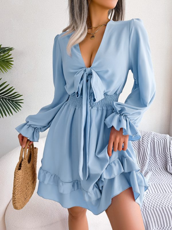 Spring Summer Casual Lace up Waist Tight Wooden Ear Swing Dress - Dresses - Uniqistic.com