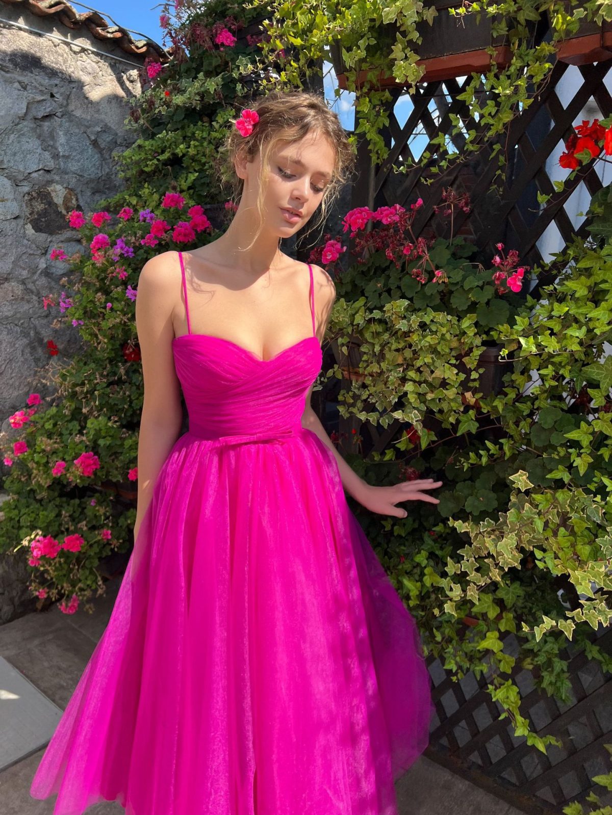 Elegant Cami Solid Color Midi Bow Mesh Dress in Bridesmaid dresses