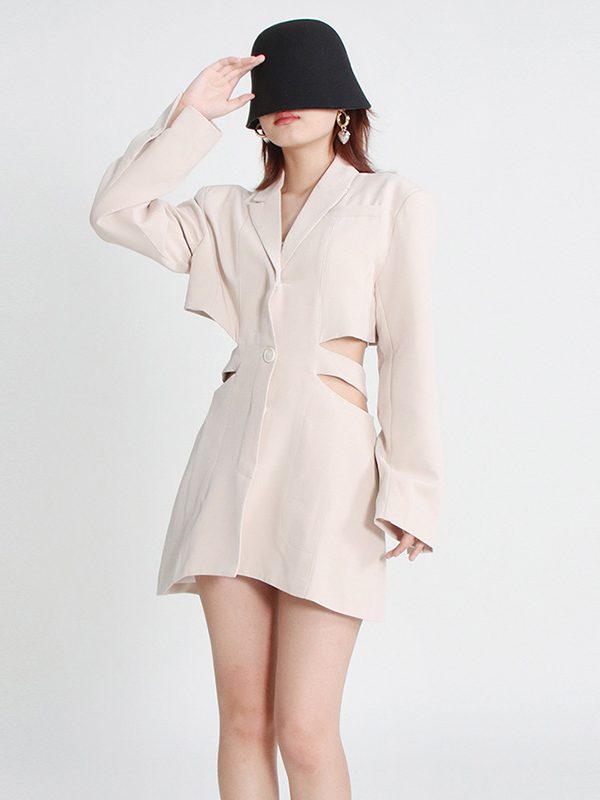 Tailored Collar Long Sleeve Waist Hollow Out Cutout Design Solid Color Small Blazer - Coats & Jackets - Uniqistic.com