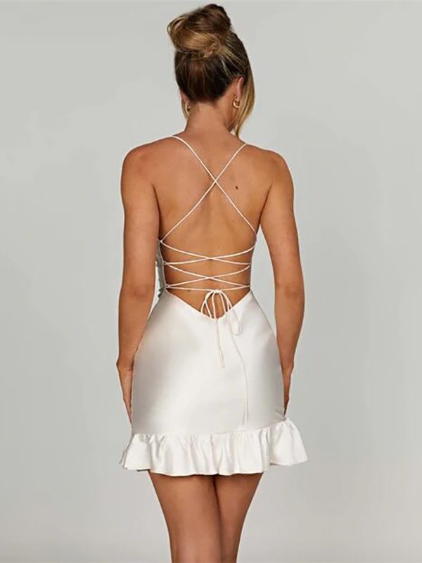 Halter Lace up Backless Ruffled Hem Slim Dress - Dresses - Uniqistic.com