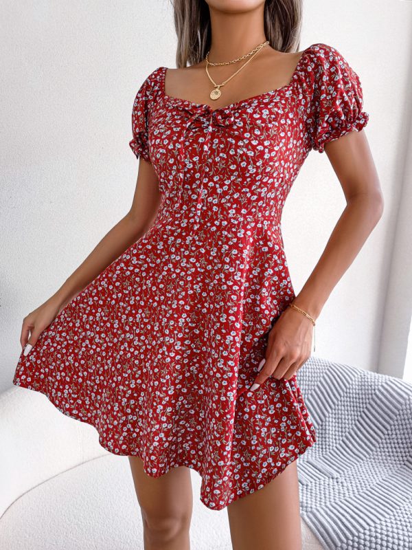 Spring Summer Casual Bell Sleeve Drawstring Lace Floral Print Large Swing Dress in Dresses