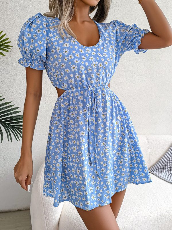 Casual Hollow Out Cutout out Tied Short Sleeve Floral Dress - Dresses - Uniqistic.com