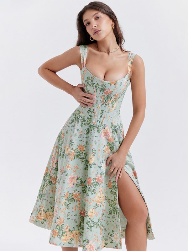 Sexy Boning Corset Slim Fit Backless Slit Midi  Floral Dress in Dresses