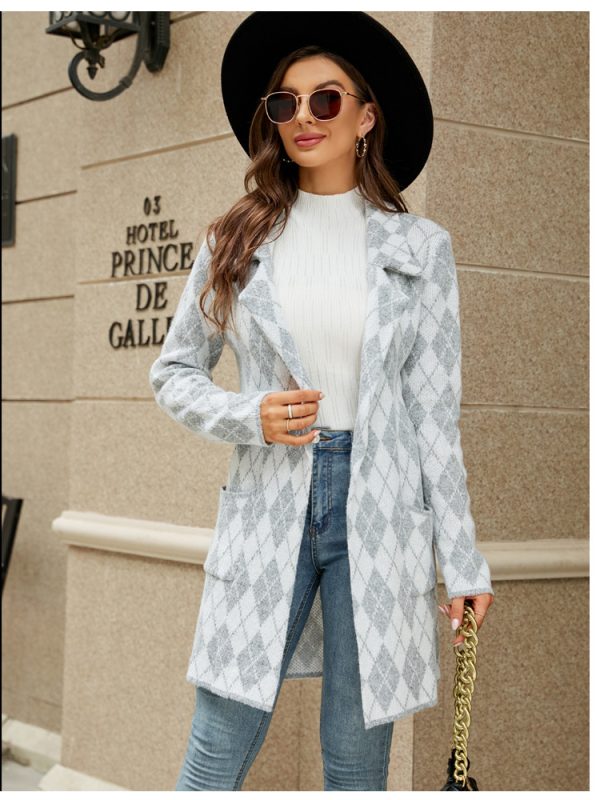 Long Contrast Color Houndstooth Knitted Office Collar Trench Coat - Coats & Jackets - Uniqistic.com