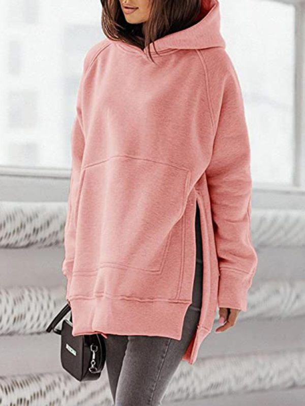 Long Sleeve Round Neck Fleece Lined Solid Color Pocket Loose Fitting Hoodie in Hoodies & Sweatshirts