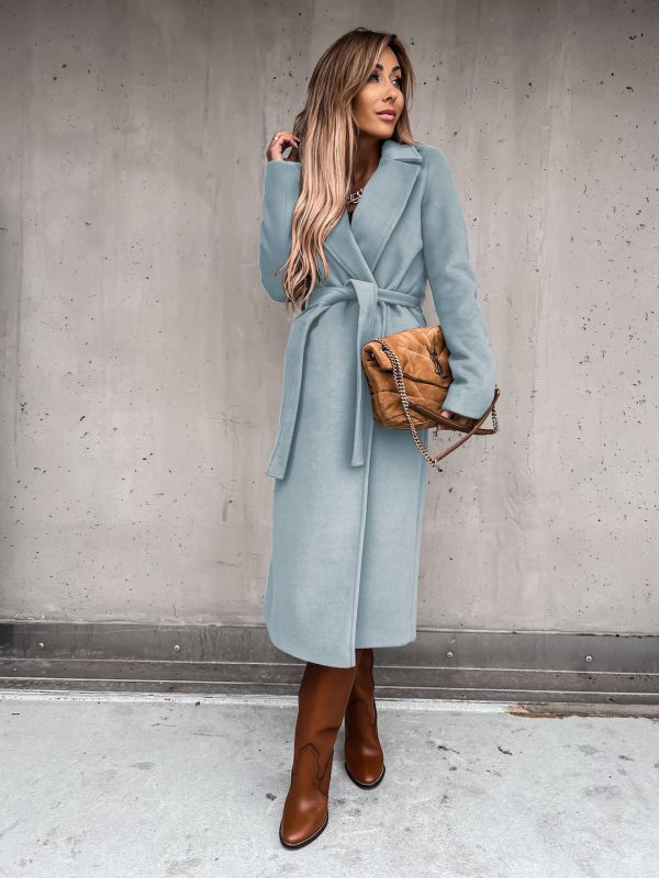 Solid Color Polo Collar Long Sleeved Woolen Coat in Coats & Jackets