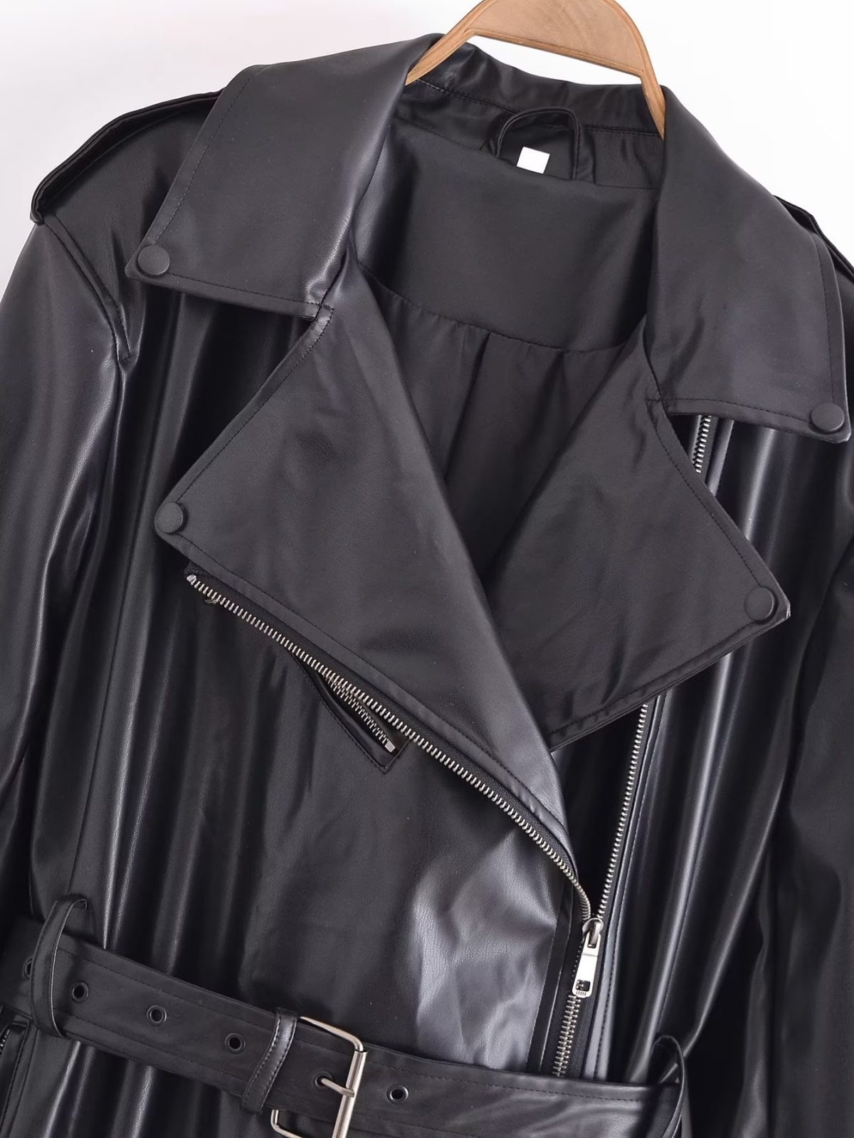Fall Black Faux Leather Trench Coat in Coats & Jackets