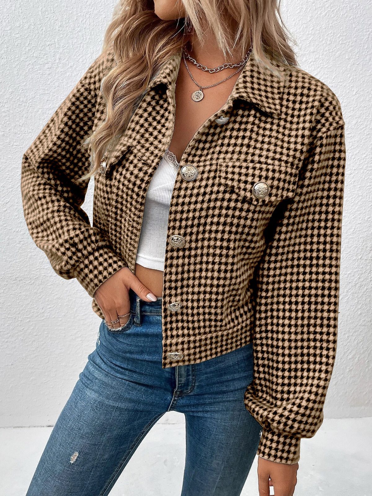 Collared Single Breasted Houndstooth Jacquard Jacket - Coats & Jackets - Uniqistic.com