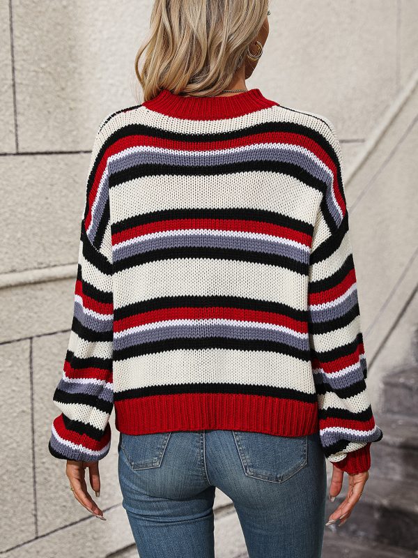 Autumn Winter Stitching Knitwear Loose Color Round Neck Striped Sweater - Sweaters - Uniqistic.com