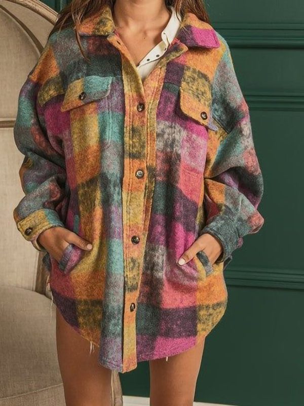 Single Breasted Collared Fleece Plaid Cardigan Shirt in Coats & Jackets