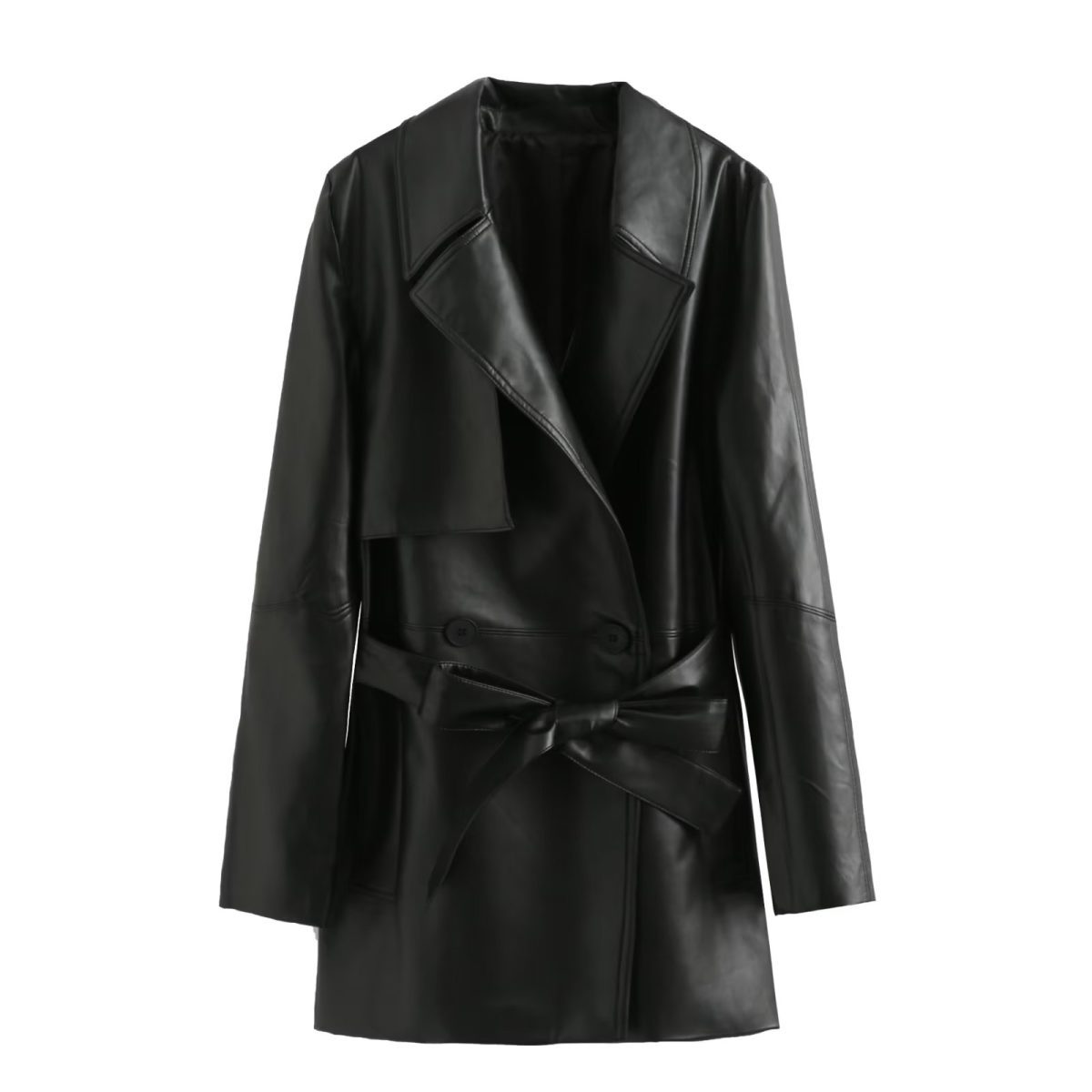 Faux Leather Long Sleeve Collared Wind Breaker Coat in Coats & Jackets