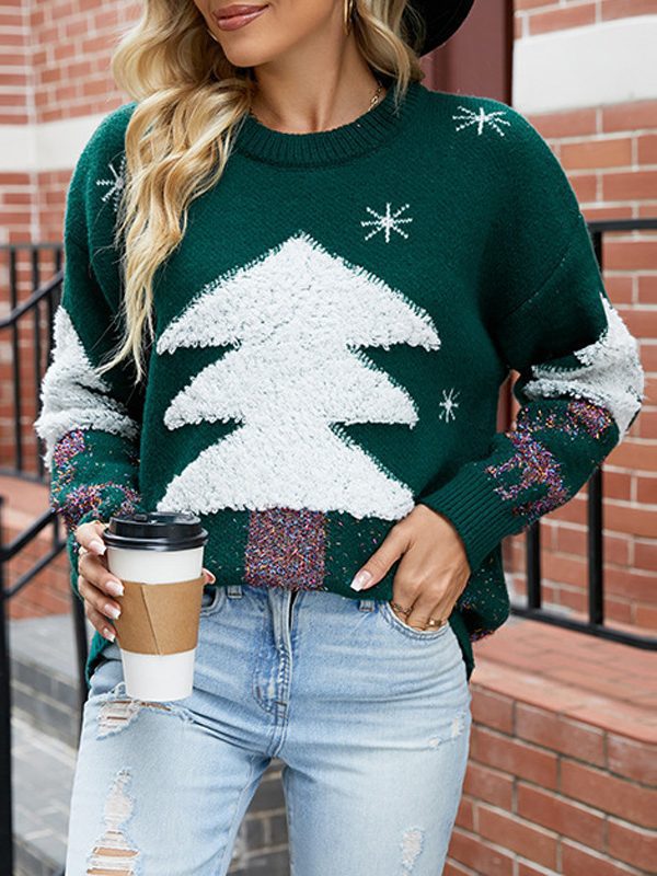 Christmas Tree Snowflake Jacquard Round Neck Pullover Sweater - Sweaters - Uniqistic.com
