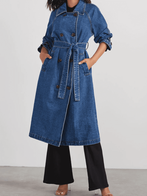 Autumn Winter Windbreaker Denim Cotton Solid Color Double Pocket Long Buckle Baggy Coat in Coats & Jackets