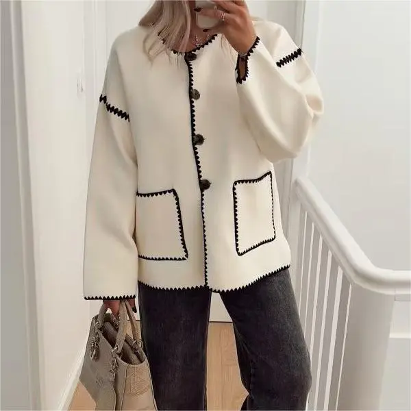 Loose Round Neck Contrast Color Binding Light Retro Patchwork Pocket Single Breasted Slimming Youthful Looking Short Coat - Coats & Jackets - Uniqistic.com