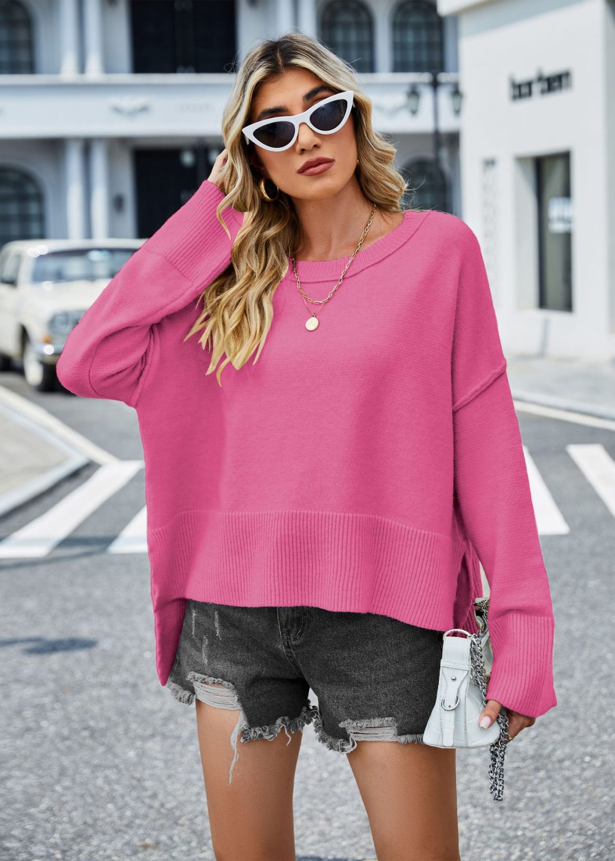 Autumn Winter Solid Color round Neck Sweater Loose Bell Sleeve Pullover Sweater in Sweaters