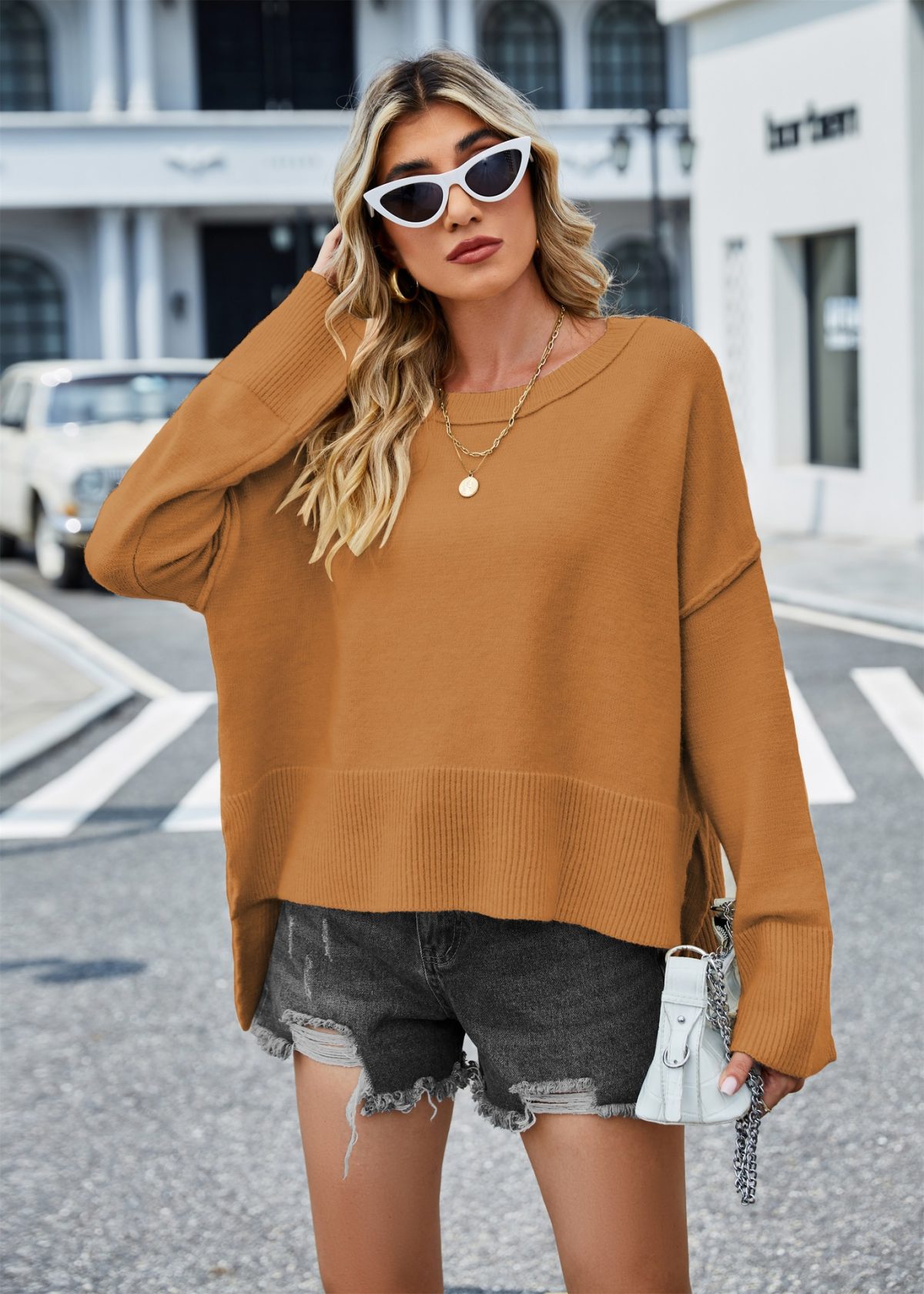 Autumn Winter Solid Color round Neck Sweater Loose Bell Sleeve Pullover Sweater in Sweaters