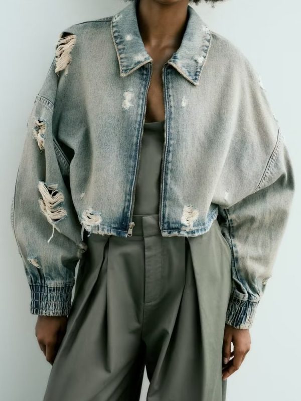 Collared Worn Looking Washed out Perforated Hole Decoration Denim Short Jacket - Coats & Jackets - Uniqistic.com