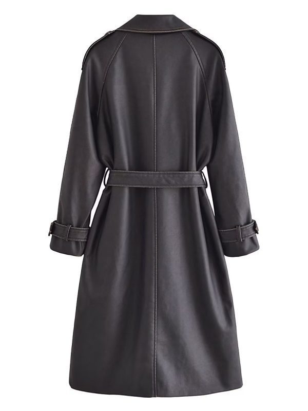 Autumn Winter Long Sleeve Collared Bow Waist Distressed Effect Faux Leather Trench Coat - Coats & Jackets - Uniqistic.com