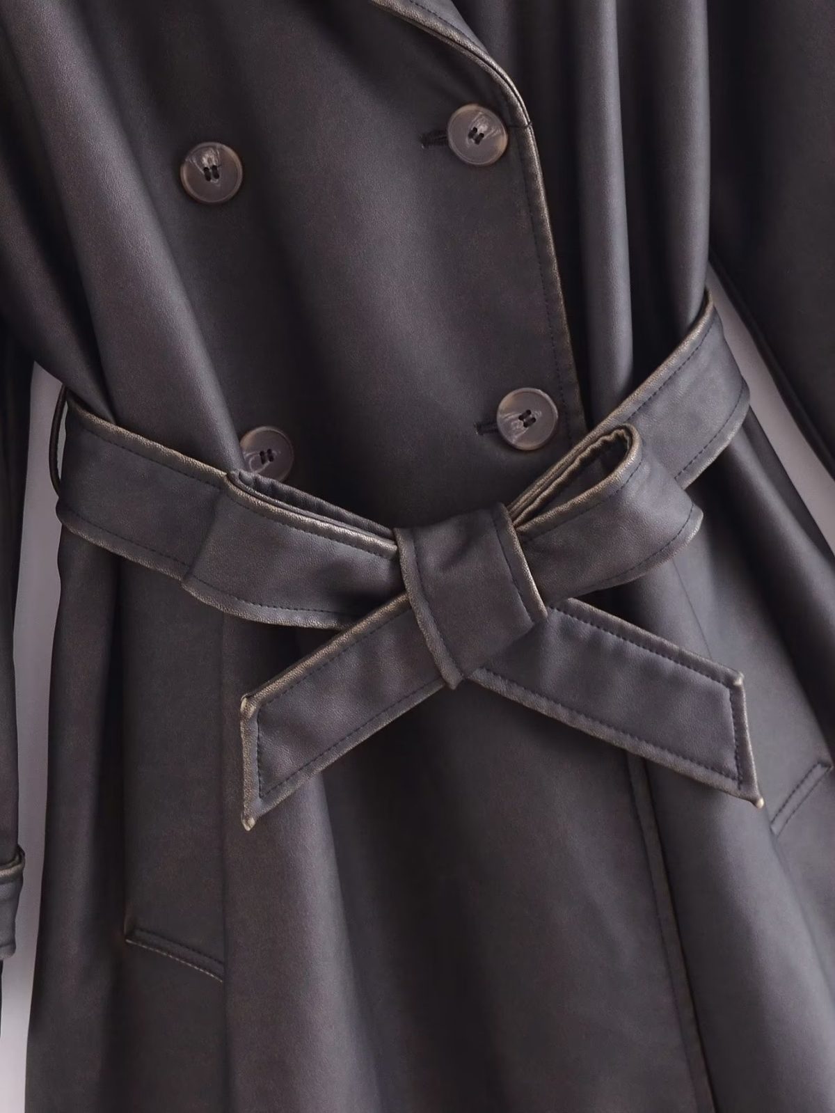 Autumn Winter Long Sleeve Collared Bow Waist Distressed Effect Faux Leather Trench Coat - Coats & Jackets - Uniqistic.com