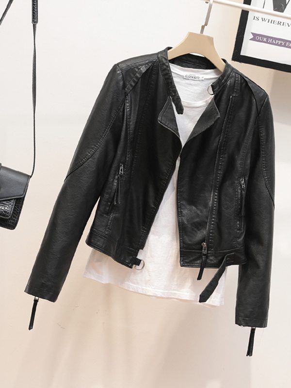 Autumn Simple Stand Collar Faux Leather Jacket in Coats & Jackets