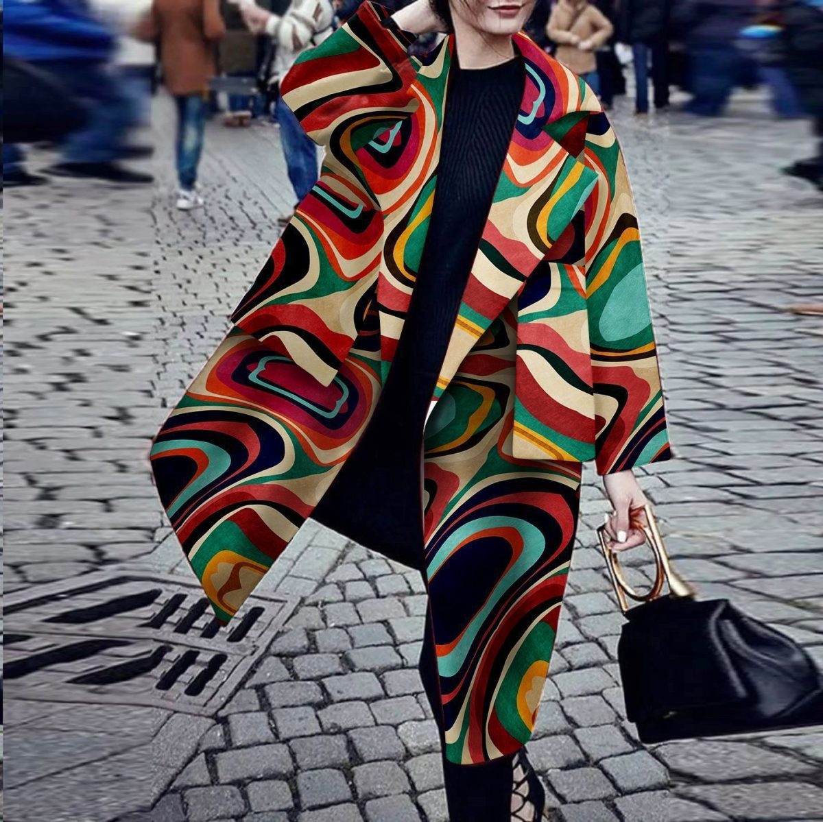 Autumn Winter Fashion Polo Collar Digital Printing Long Sleeve Pocket Coat - Coats & Jackets - Uniqistic.com