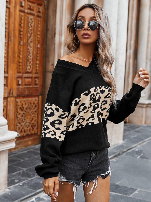 Autumn Winter Simple V-neck Color-block Leopard-print Sweater - Sweaters - Uniqistic.com