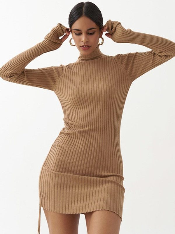 Turtleneck Slim Stall Drawstring Slimming Hip Plus Size Dress - Dresses - Uniqistic.com