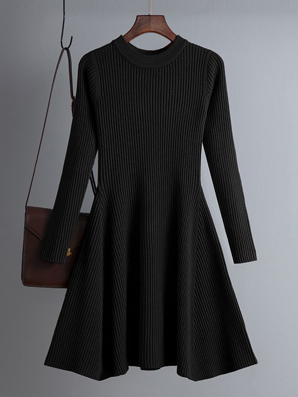 Knitted Long Sleeved Solid Color Slim Fit Bottoming Inner Wear A- line Dress - Dresses - Uniqistic.com