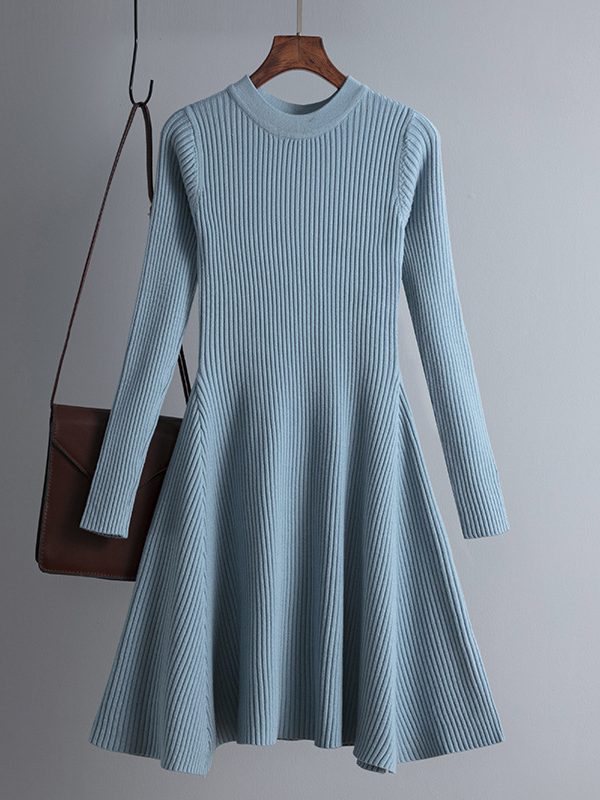 Knitted Long Sleeved Solid Color Slim Fit Bottoming Inner Wear A- line Dress - Dresses - Uniqistic.com