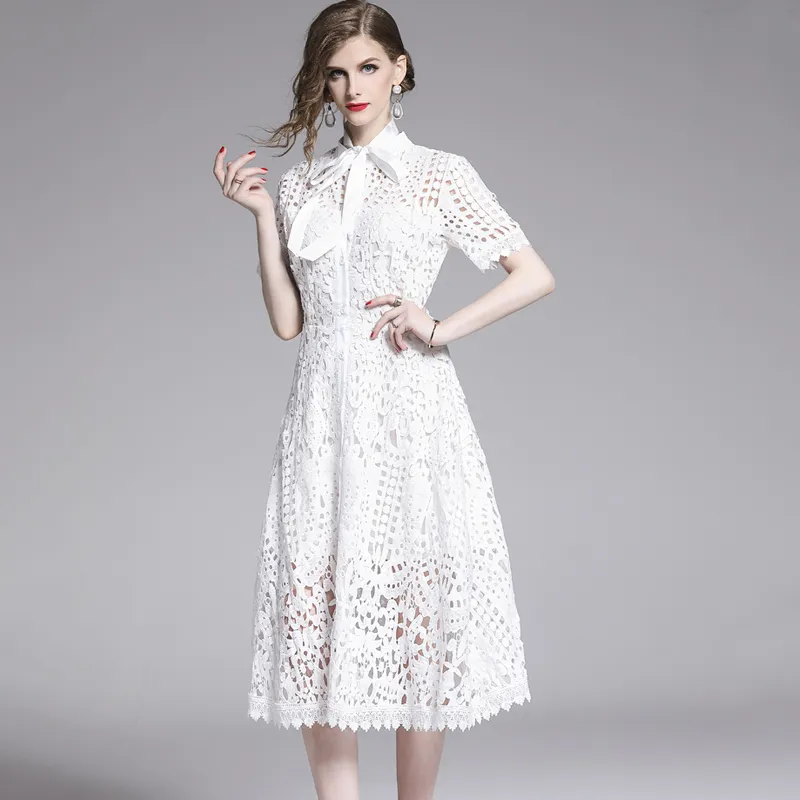 Elegant White Black Lace Hollow Out Dress | Uniqistic.com
