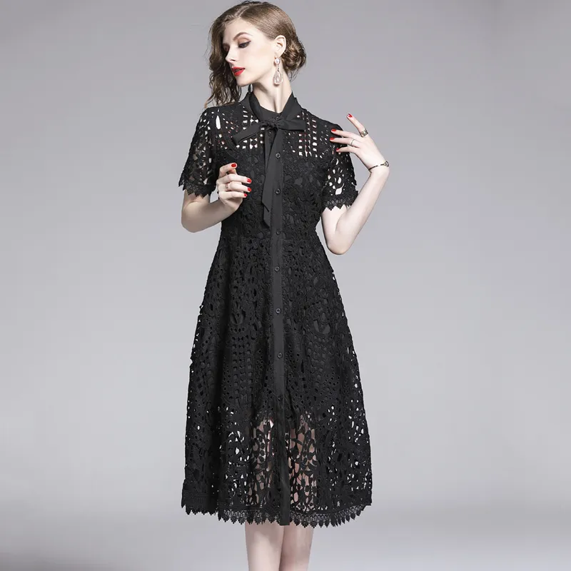 Elegant White Black Lace Hollow Out Dress | Uniqistic.com