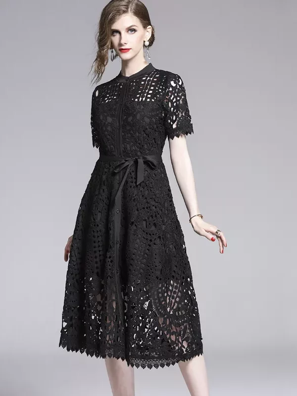 Elegant White Black Lace Hollow Out Dress in Dresses