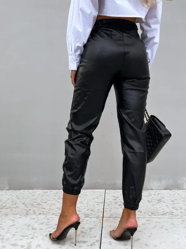 Elastic Solid Color Pencil PU Leather High Waist Cuffed Pants in Pants