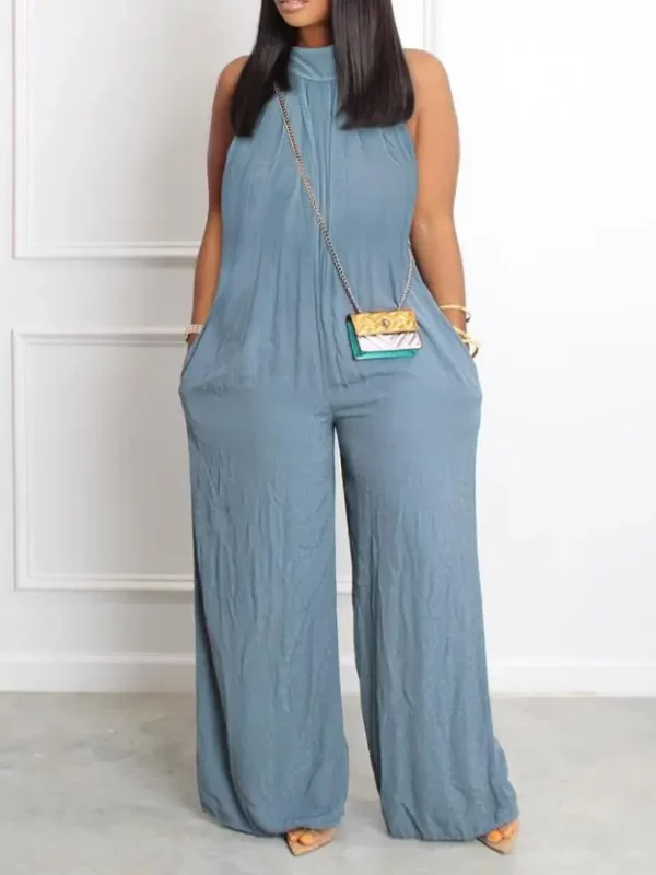 Sleeveless Pocket Detail Casual Stand Collar Plain Wide Leg Daily Long Jumpsuit in Jumpsuits & Rompers