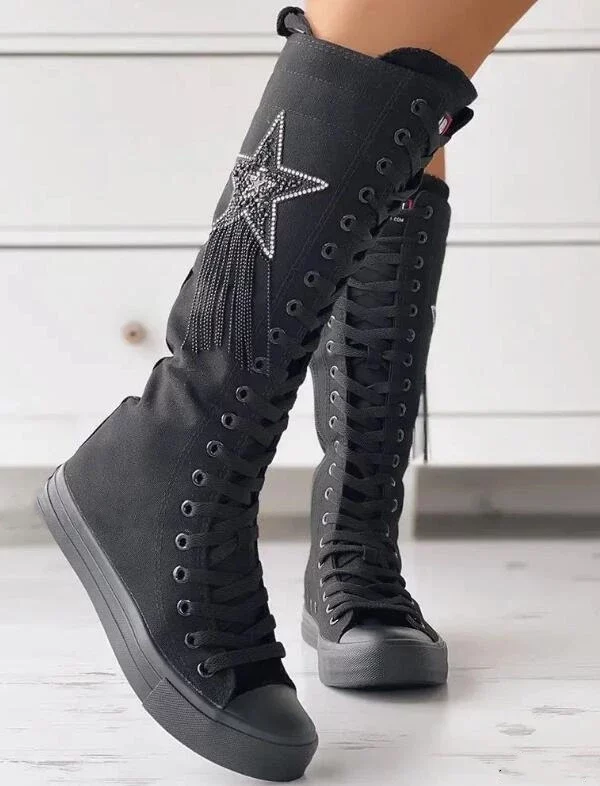 Long Tall Flat Rhinestone Punk Style High Top Lace-up Zipper Boots in Women's Boots