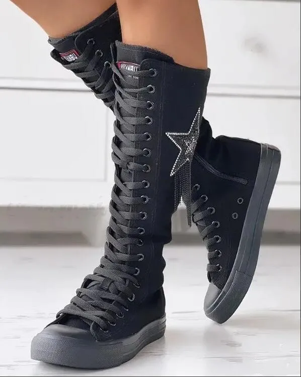 Long Tall Flat Rhinestone Punk Style High Top Lace-up Zipper Boots in Women's Boots