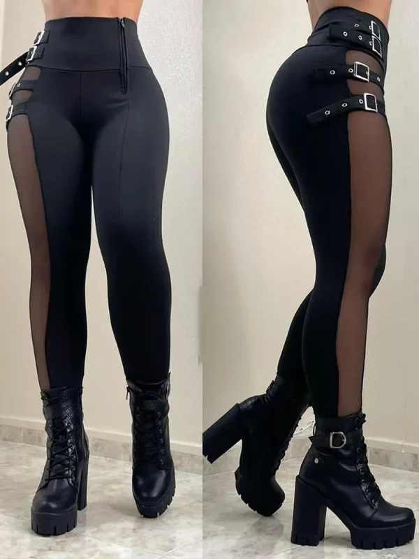 Mesh Patch Buckled High Waist Pants in Pants