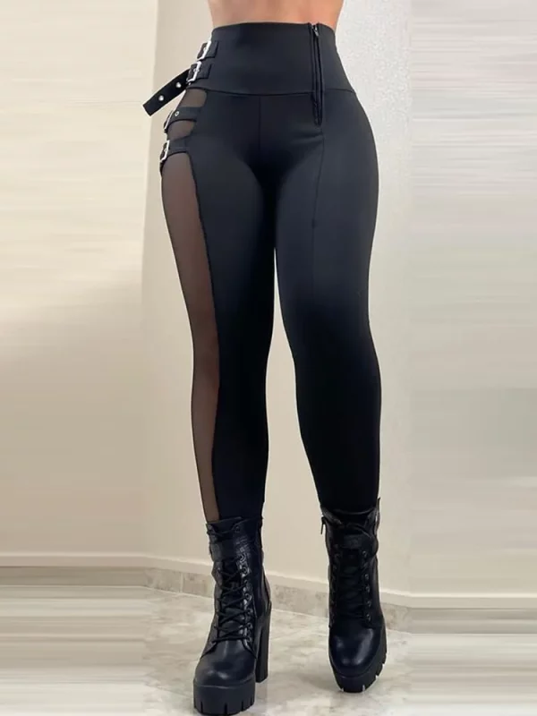 Mesh Patch Buckled High Waist Pants in Pants