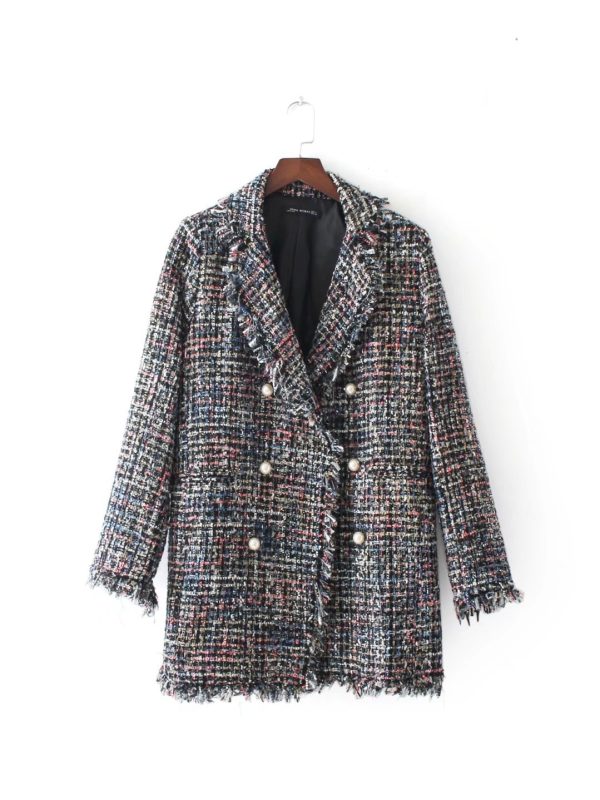 Casual Tweed Lace Pearl Double Breasted Loose Mid-Length Coat - Coats & Jackets - Uniqistic.com