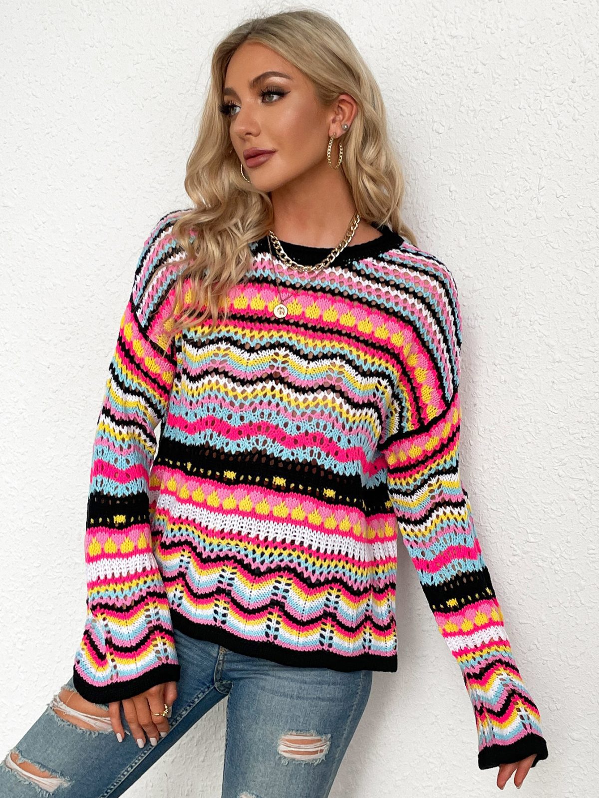 Autumn Winter Knitwear Loose Color Rainbow round Neck Striped Sweater - Sweaters - Uniqistic.com