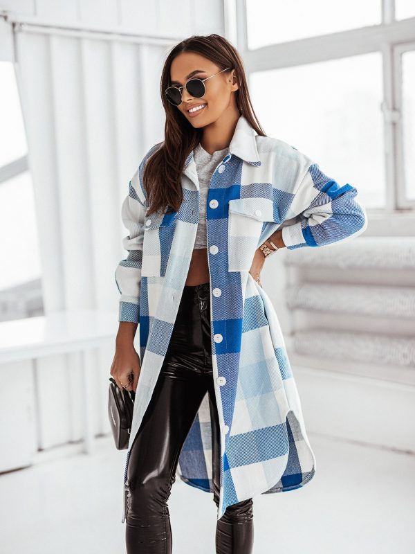 Autumn Winter Long Sleeve Color Plaid Brushed Woolen Long Coat in Coats & Jackets