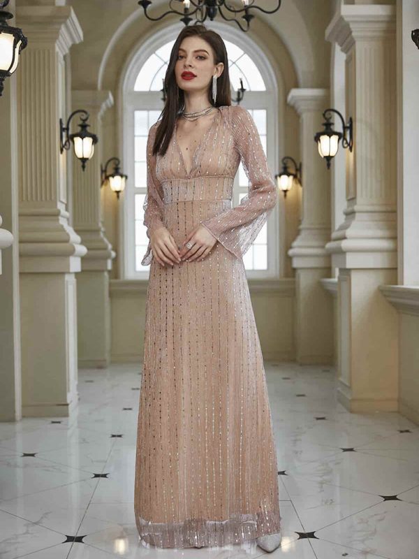 V Neck Long Sleeve Formal Dress - Evening Dresses - Uniqistic.com