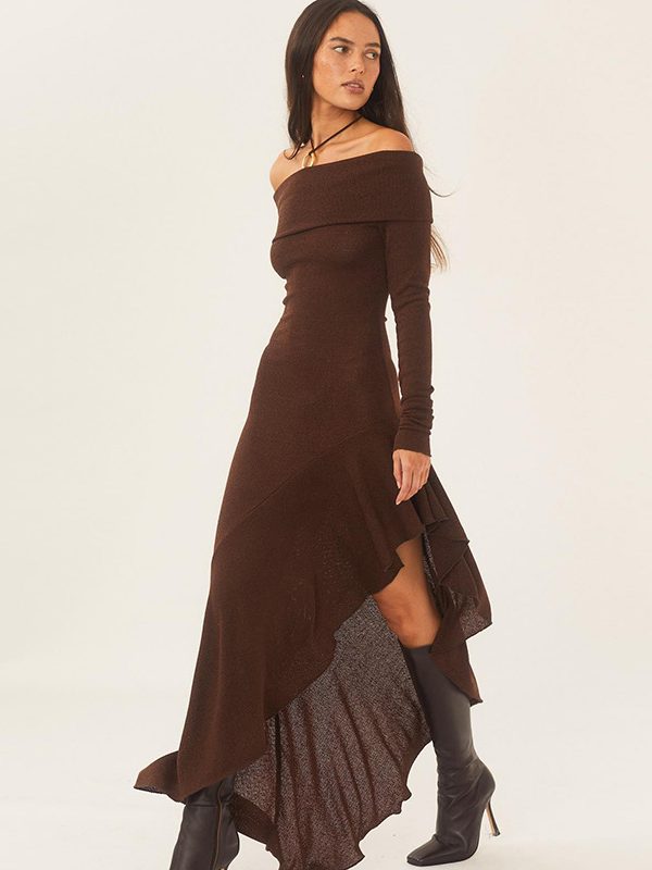 Elegant off Shoulder Long Sleeve Close-Fitting Ruffled Maxi Dress in Dresses